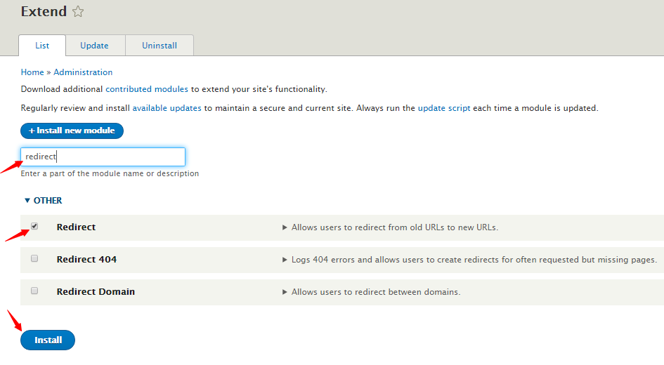 Installing Redirect Module