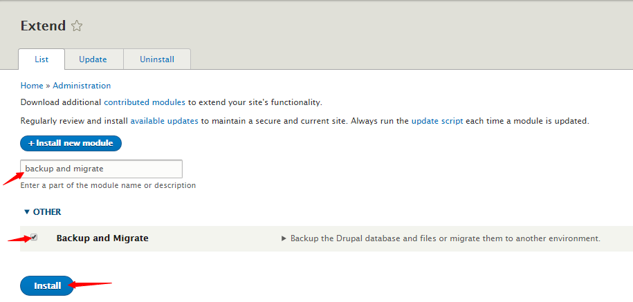 Installing Backup and Migration Module